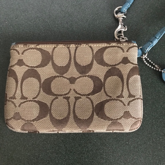 Coach Teal/Khaki Canvas Leather Wristlet Mini Pouch - Picture 5 of 16